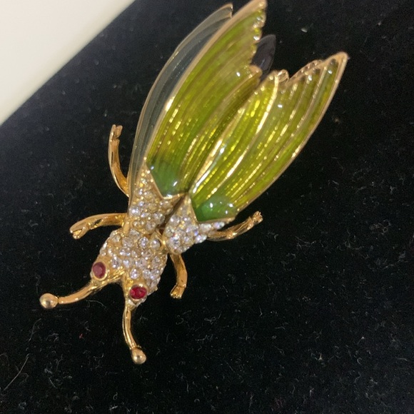 Vintage rare Erwin Pearl gold tone rhinestone & enamel bug statement pin brooch - Picture 7 of 11